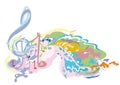 Abstract musical design with a colourful treble clef and musical waves, notes and splashes. Royalty Free Stock Photo